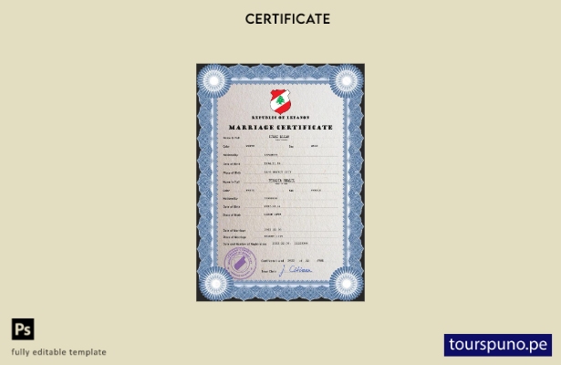 Plantilla PSD de certificado de matrimonio de Líbano listo para imprimir